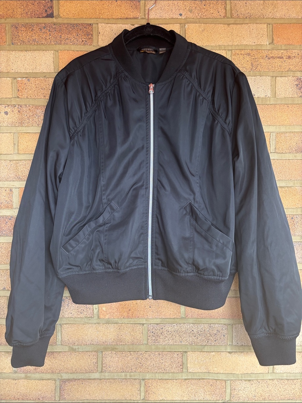 Zella Ribbed Collar Black Bomber Jacket Zip Front with Pockets M